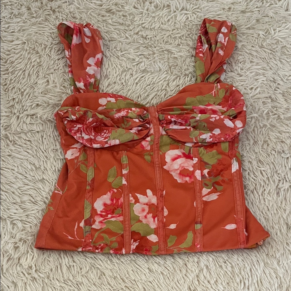 Lulu's Coral Floral Bustier Top with Knotted Straps
